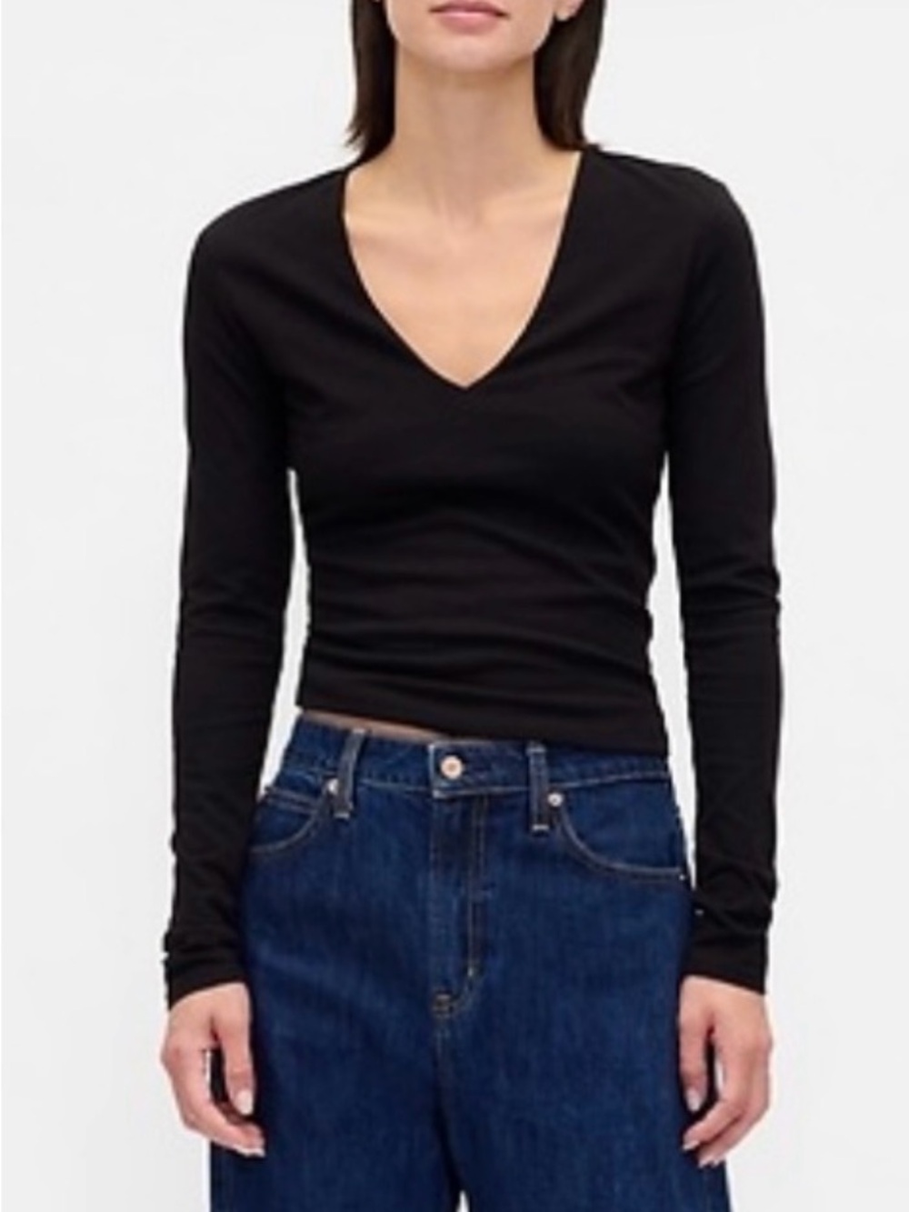 GAP Women's Long-Sleeve V-Neck Top in Black